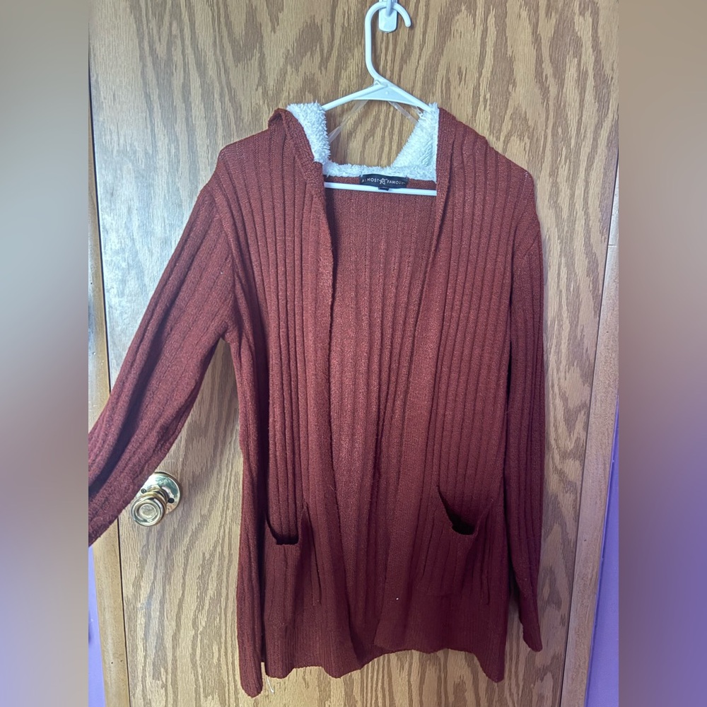 Tan Cardigan with Pockets and Fur Hood